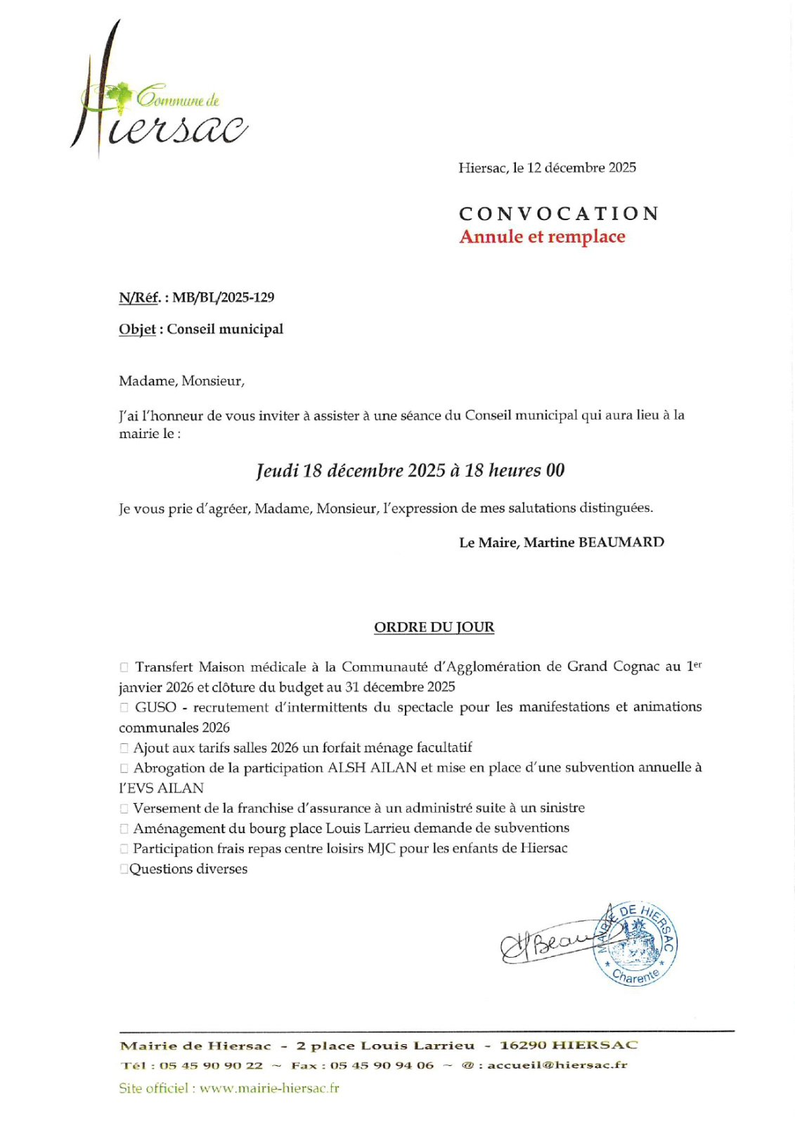 Convocation au conseil municipal du 18 décembre 2025