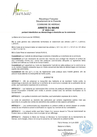 ARRÊTÉ DU MAIRE PORTANT INTERDICTION AU DEMARCHAGE À DOMICILE