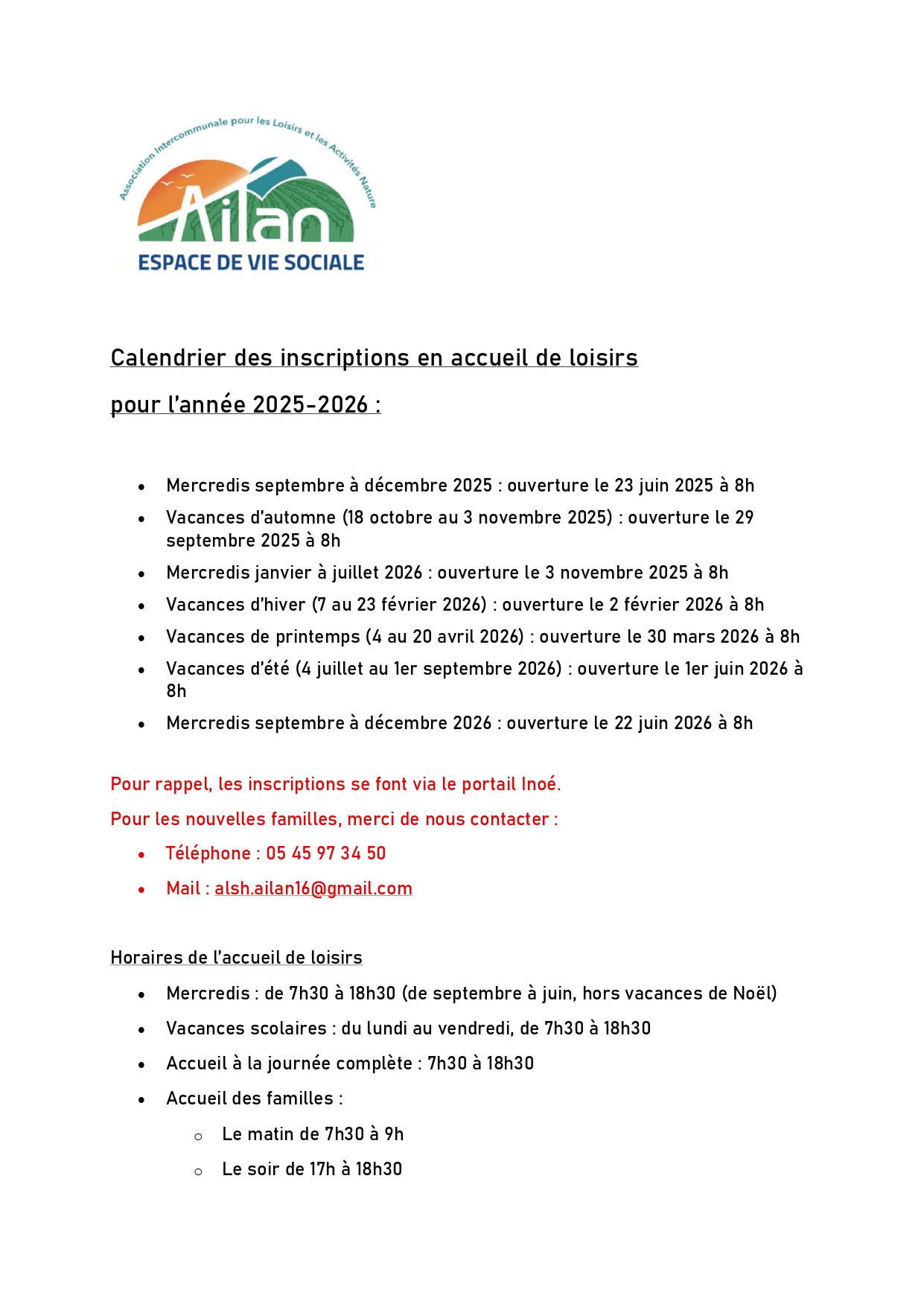  AILAN : INSCRIPTIONS AU CENTRE DE LOISIRS 